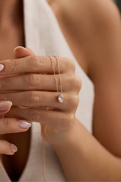 Nereze 925 Ayar Gümüş Rose Kaplama Damla Tasarım Tektaş Kolye