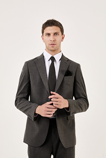 wodelli Men's Slim Fit Dark Gray Mono Collar Stretch Fabric Double Slit Suit