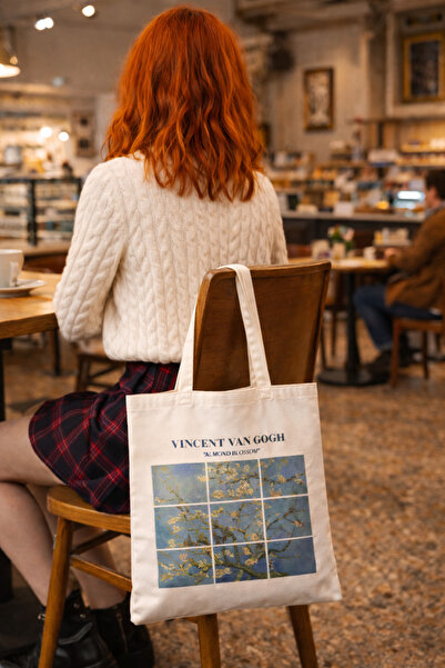 Cemira Almond Blossom - Vincent Van Gogh Tasarım Ham Bez Tote Bag Çanta, Pint...