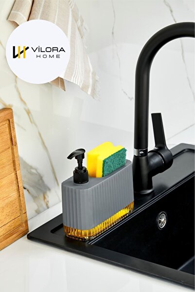VİLORA HOME Şeffaf Tabanlı Modern Tezgah Üstü Sıvı Sabunluk-Sünger Hazneli (5...