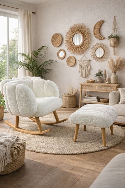 KOKİ DESİGN LOTUS Sallanan Ahşap Ayaklı Wellsoft Kırık Beyaz Berjer Koltuk - BENCH PUF HEDİYELİ