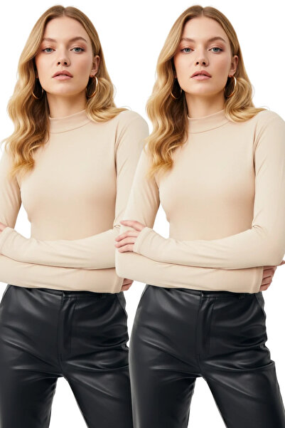 bysoca Women's 2-Piece Beige Turtleneck Finger-Looped Long Sleeve Cotton Body...