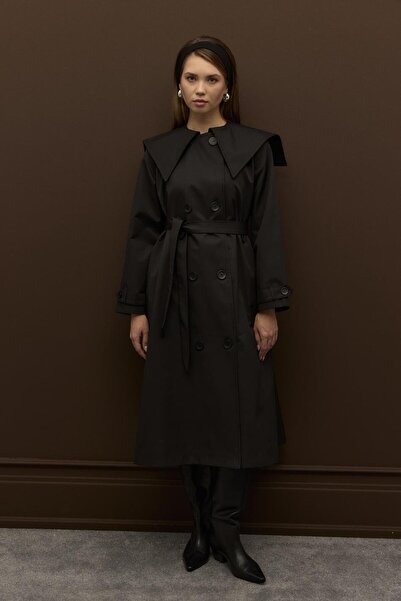 Merve Gültekin Elora Yaka Detaylı Pamuklu Gabardin Kruvaze Trençkot Siyah