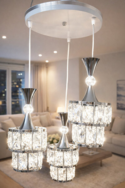 TEKNO mirsa çizgili miraç kristal avize 3 lü Beyaz-gümüş