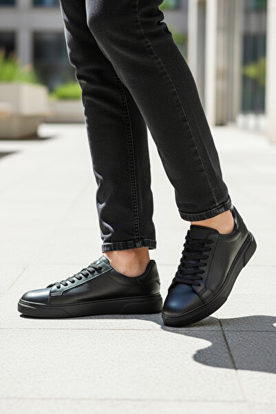 FAYMAZ Pantofi sport pentru bărbați, piele neagră, texturată, cu talpă groasă...