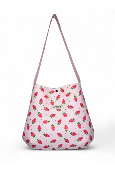 Ayza Stüdyo Çilek Desenli Çıtçıtlı İç Cepli Omuz Tote Çantası (36x31 cm)