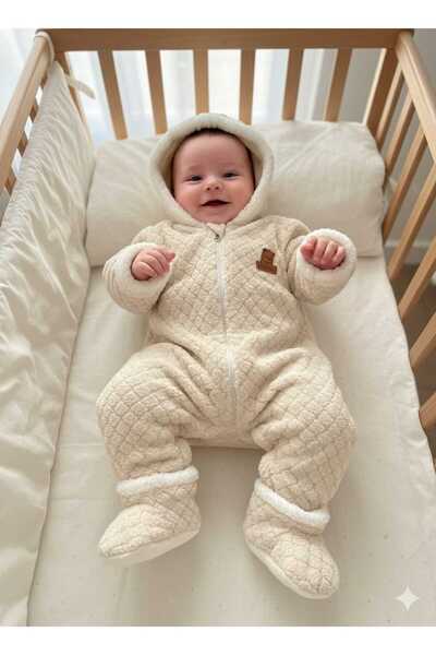 ELAGÜL Unisex Bebek Kabartmalı Kapüşonlu Welsoft Panduf Ayaklı Tulum