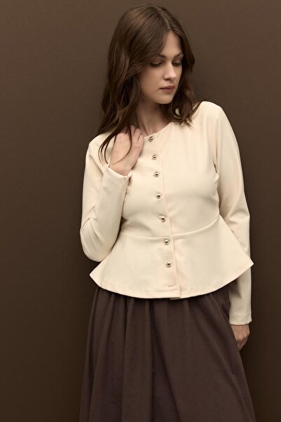 Merve Gültekin Çelik interlok Sık Düğmeli Volanlı Hırka Krem