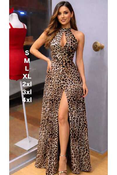 diğerr1 Leopar desenli yırtmaçlı elbise