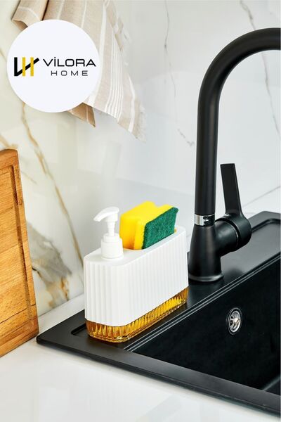 VİLORA HOME Şeffaf Tabanlı Modern Tezgah Üstü Sıvı Sabunluk-Sünger Hazneli (5...