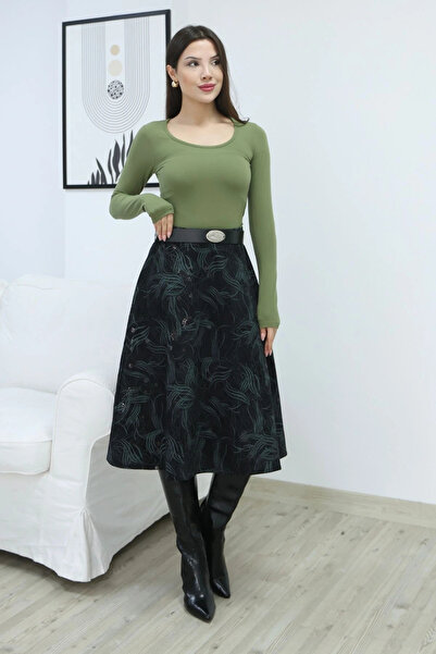 lodmela Printed and Belted Velvet Skirt 6069-Black/Çağla