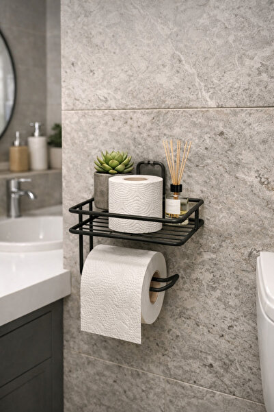 SYN AKSESUAR Raflı Tuvalet WC Kağıtlığı Yapışkanlı Siyah Organizer, Banyo Ask...