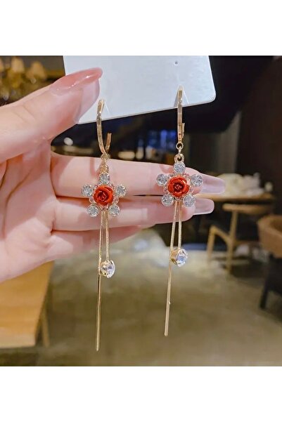 ER TAKI Stone Gold-Colored Red Rose Dangle Long Stylish Party Engagement Henn...
