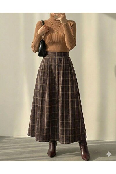 PINTORE Kadın Düğme Detaylı Cepli Uzun Ekose Etek