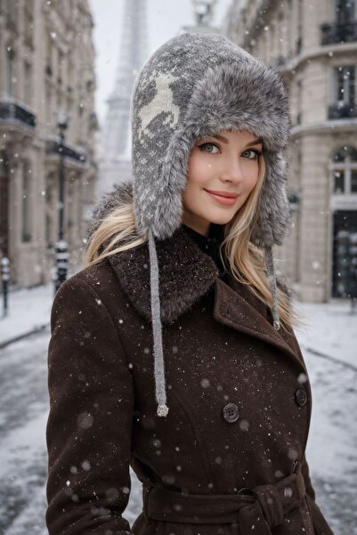 FELLMENS Anthracite Deer Figured 100% Wool Knitwear Pilot Clip-On Women's Hat