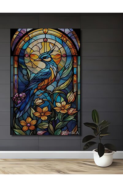 Teona Ahşap Renkli Kuş ve Çiçek Desenli Vitray Görünümlü Ahşap Dekoratif Ev,A...