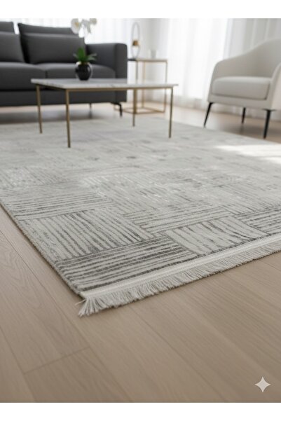 Deffino home Krem Gri Parlak İnce Sık Bambu Dokuma Kaymaz Salon Koridor Oturm...