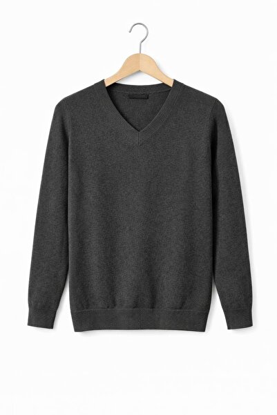 AJX TEKSTİL COMPANY سترة نسائية أساسية برقبة على شكل حرف V من أنثراسايت