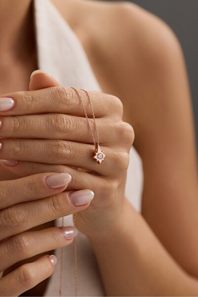 Nereze 925 Ayar Gümüş Rose Kaplama Minimal Tasarım Kutup Yıldızı Kolye