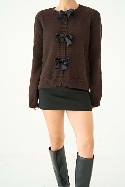 ibeeka Bow accessory snap closure cardigan dark brown