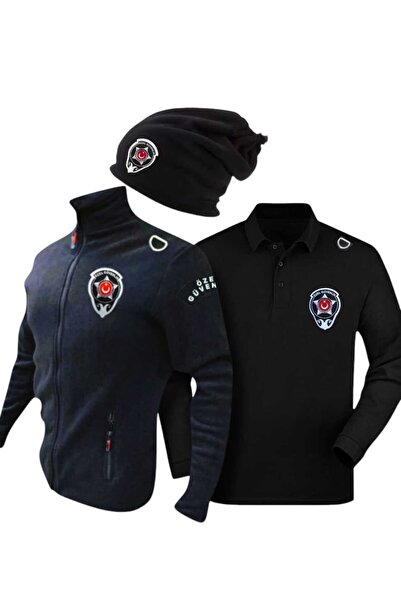 MODANKA Özel Güvenlik Kalın Fermuarlı Polar, Yumuşak Polo Yaka Tişört Bere