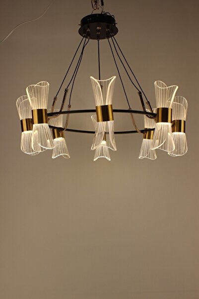 GN GEN AYDINLATMA Lüks Siyah Gövde Gold Detaylı 8'li Fiyonk Akrilik Kanatlı M...