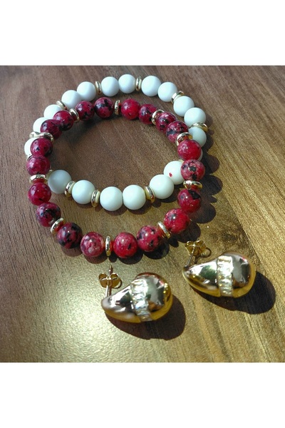 Takuce TAKUCEDEN AY TAŞI VE SIKMA MERCAN DOĞAL TAŞ İKİLİ BİLEKLİK