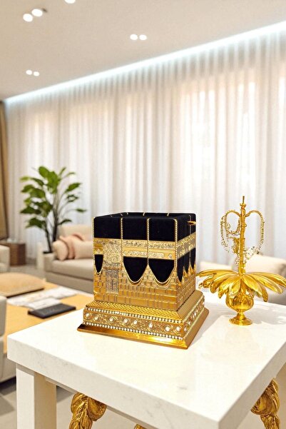 Saatistan Zirkon Taşlı Altın Kabe-i Muazzama Dekoratif Biblo 15x15 cm