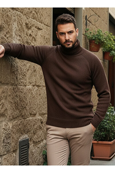 Millionaire Men's Brown Italian Raglan Sleeve Detailed Thick Turtleneck Regular 100% Cotton Knitwear Sweater