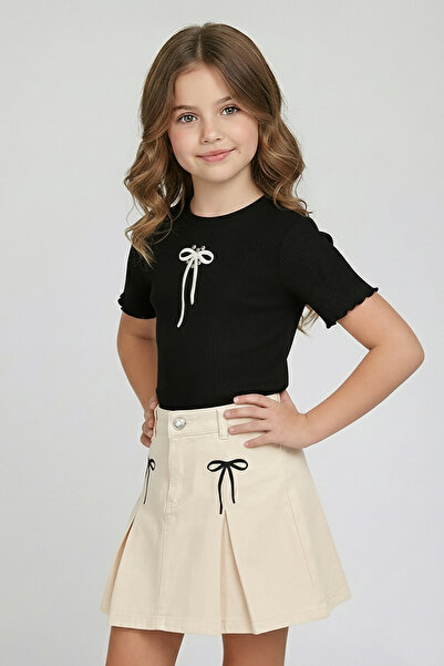 Dmb Girl's Bow Embroidery Short Sleeve Ribbed Knit Bodysuit with Diamond Stones