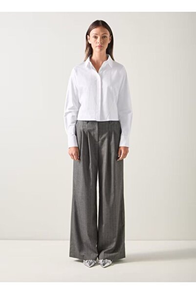 MG GİYİM STORE Women's White Short Length Classic Collar Long Sleeve Shirt