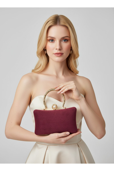 Biçanta Burgundy Gold Luxury Suede Metal Mesh Handle Pearl Stone Embroidered Women Evening Dress Bag Wedding Engagement Graduation