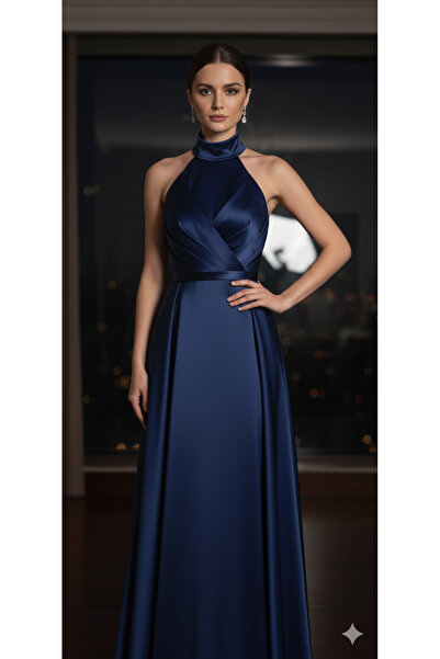 makbuleofficial Lacivert Saten Kumaştan Kolsuz ,Pileli Etekli Mezuniyet Elbisesi