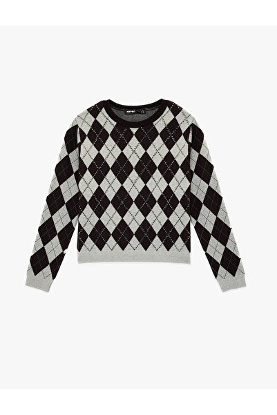 Koton Long Sleeve Crew Neck Diamond Patterned Stone Detailed Knitwear Sweater