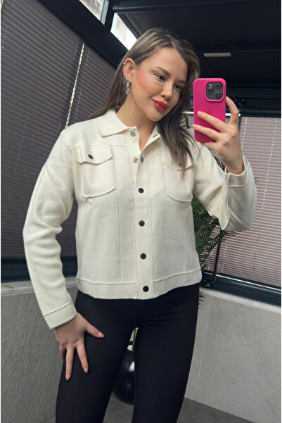 MİR STORE Black Snap Button Cream Mercerized Cardigan