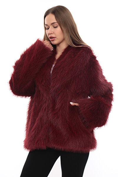 izellas Eclat Moderne Oversize Bordo Suni Kürk Ceket