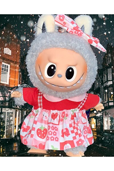 OEM Jucarie de plus breloc - tip Labubu - 15 cm - imbracat in rochita colorata - gri