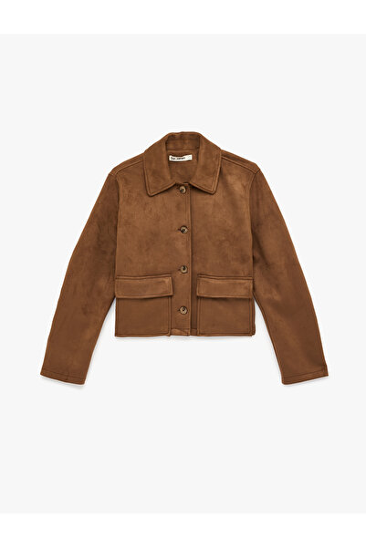Koton Regular Fit Long Sleeve Faux Suede Jacket with Pockets