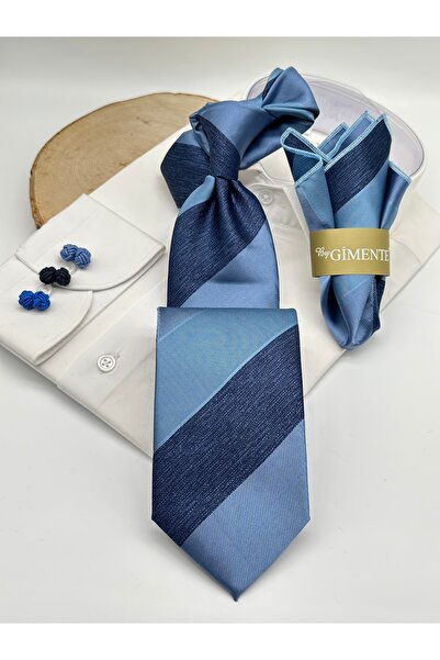Gutiero ربطة عنق كلاسيكية مع منديل مخطط باللون الأزرق