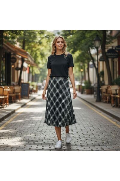 GÖMLEK GALERİSİ Baklava Patterned Elastic Waist Cotton Digital Print Skirt (3...