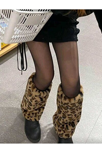 vanilkie Leopar Desenli Peluş Kürk Tozluk Uzun Tüylü Standart Beden 35 cm