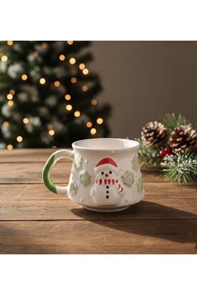 Artiser New Year Themed Ceramic Mug, Relief Decorated Mug, Snowman Decorated Mug, Pine Decorated Mug