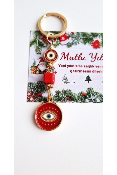 Svc Aksesuar New Year's Gift Evil Eye Beaded Keychain with Greeting Card - Red - 10 cm