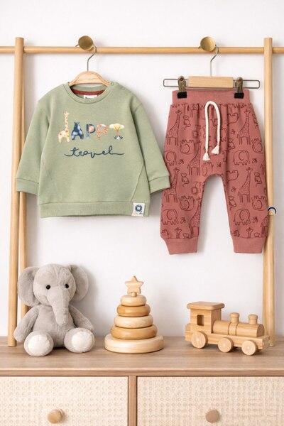 Minelia Kids Bebek & Çocuk %100 Pamuk İkili Takım 6-24 Ay Happy Safari Baskılı