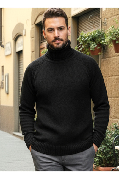 Millionaire سترة رجالية سوداء بأكمام راجلان إيطالية الطراز مع ياقة سميكة وتفاصيل مميزة، مصنوعة من القطن بنسبة 100%