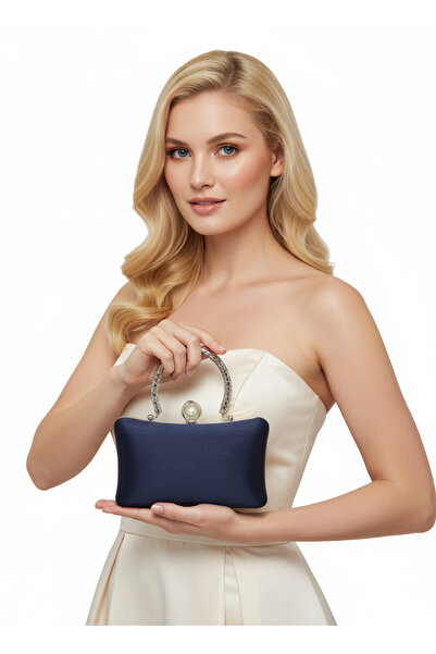 Wedding Fashion Navy Blue Luxury Suede Metal Mesh Handle Pearl Stone Embroide...