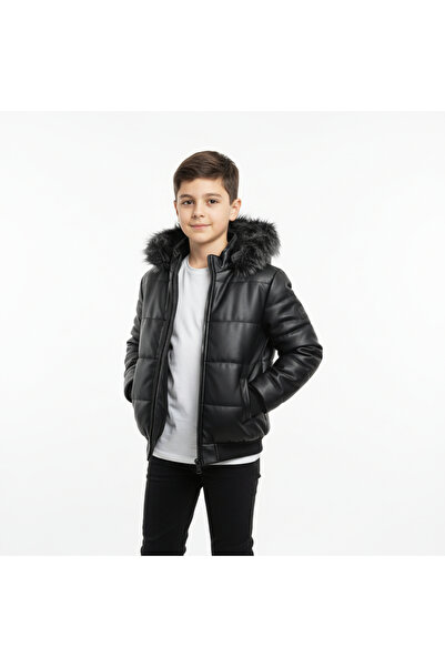 RBL COLLECTİON Erkek Çocuk Deri Mont Kapşonlu İçi Kürklü