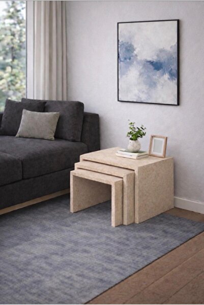 MAHZA GRUP Traverten Dokulu 3lü Zigon Sehpa Seti