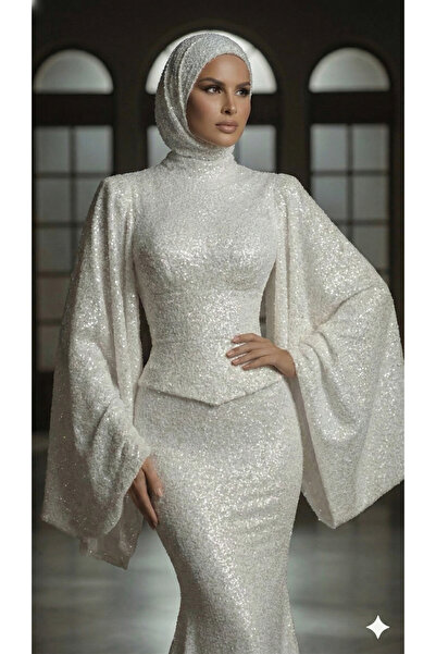 makbuleofficial Payetli Kumaştan Gelinlik Nişanlık Tesettür Abiye