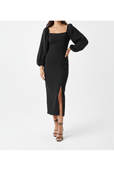 COLWHİTE MODA Siyah Yırtmaçlı Elbise CW0034-12